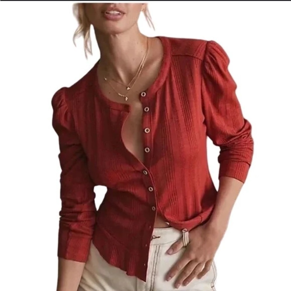 Pilcro Anthropologie Rust Red Button Up Ribbed Puff Sleeve Cardigan Top Sz S - Picture 15 of 15